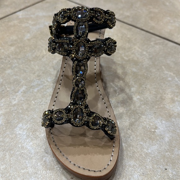 Mystique Wedge Sandals in patent Black with clear stones and gold accents. - Picture 5 of 8